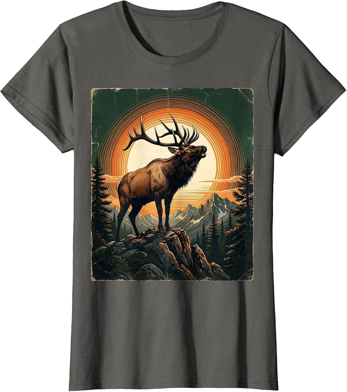 Women's Elk Bugling at Mountain Peak Sunrise T-Shirt - Asphalt Grey