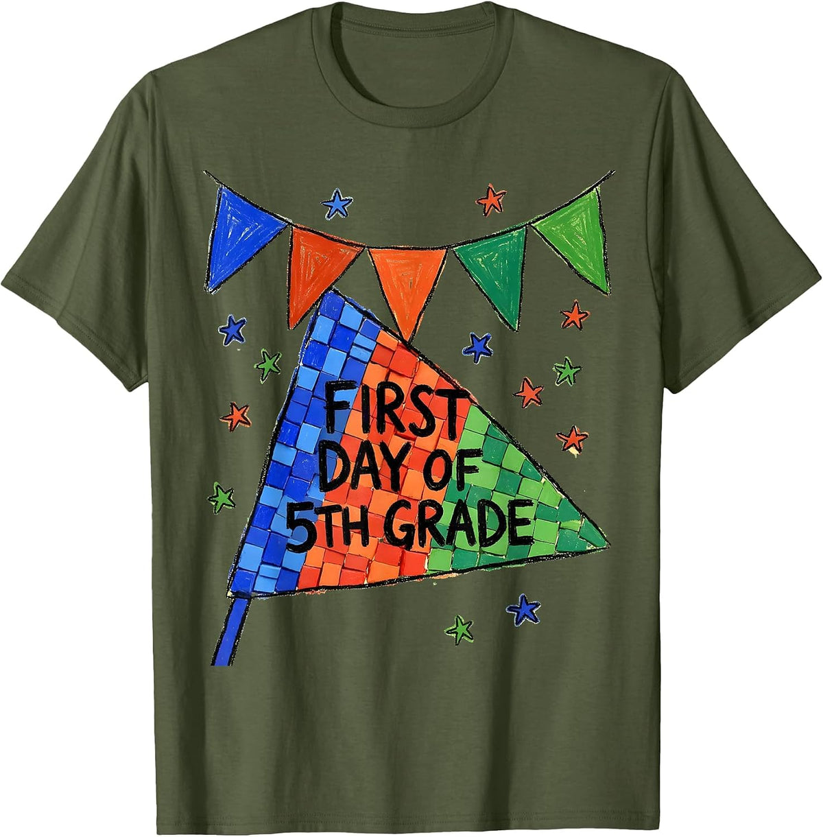 Men's First Day of 5th Grade Naive Kidcore Back to School Pennant T-Shirt - Olive Green