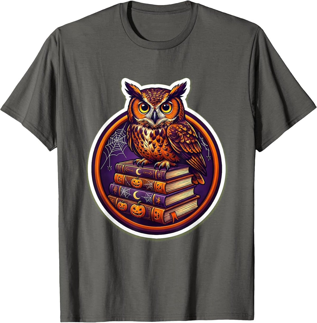 Halloween Teacher Owl on Spooky Stacked Books T-Shirt - Asphalt Grey