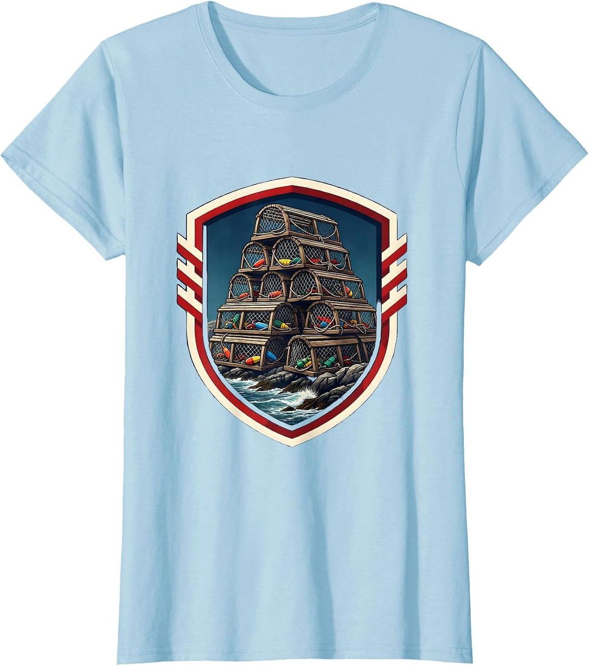 Lobster Trap Rocky Shore East Coast Graphic T-Shirt - Baby Blue