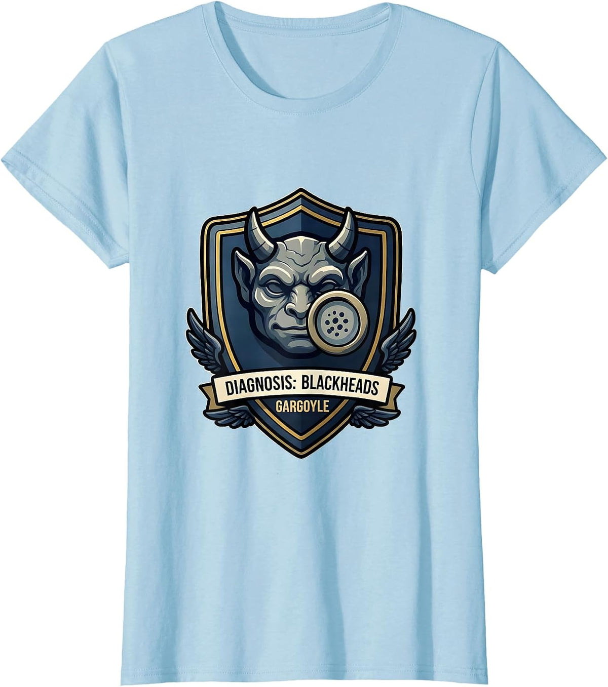 Diagnosis: Blackheads, Gargoyle Funny Dermatology Halloween T-Shirt - Baby Blue