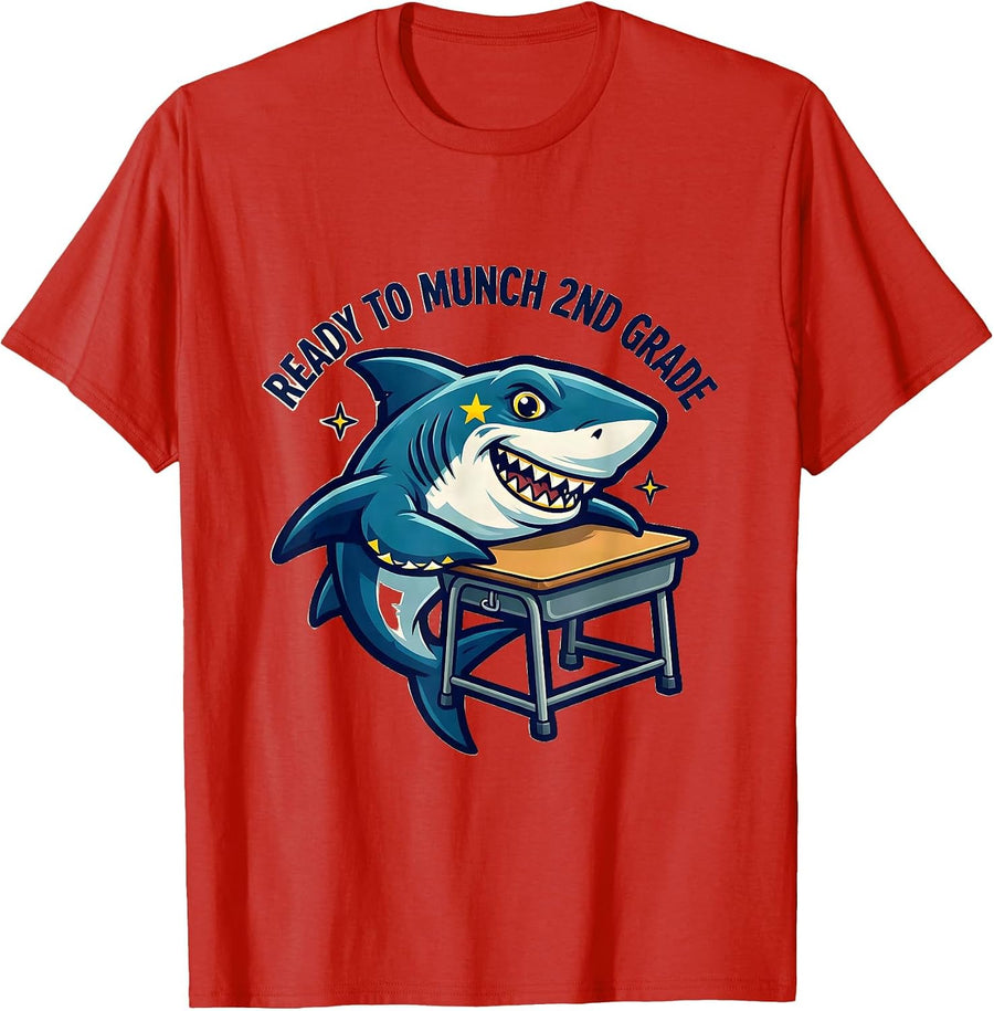 Men's Ready To Munch 2nd Grade Funny Shark Back to School Boys T-Shirt - Red