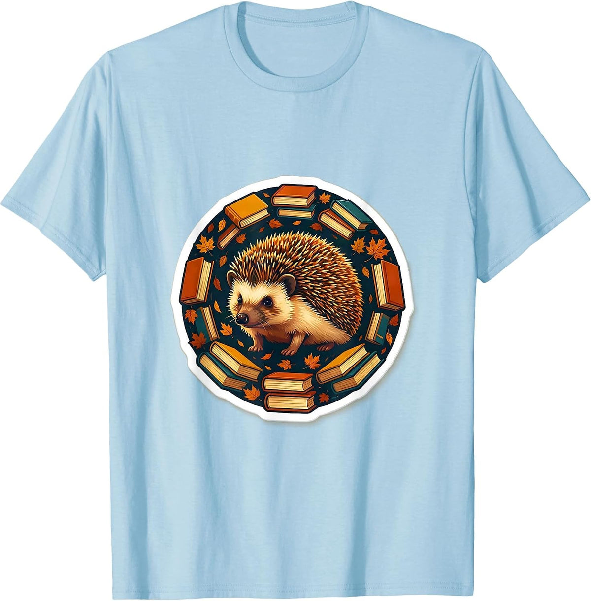 Men's Fall Teacher Hedgehog with Stacked Books Design T-Shirt - Baby Blue