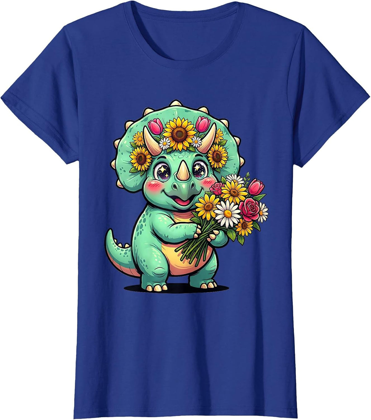 Women's Triceratops Flower Bouquet Dinosaur Graphic T-Shirt - Royal Blue