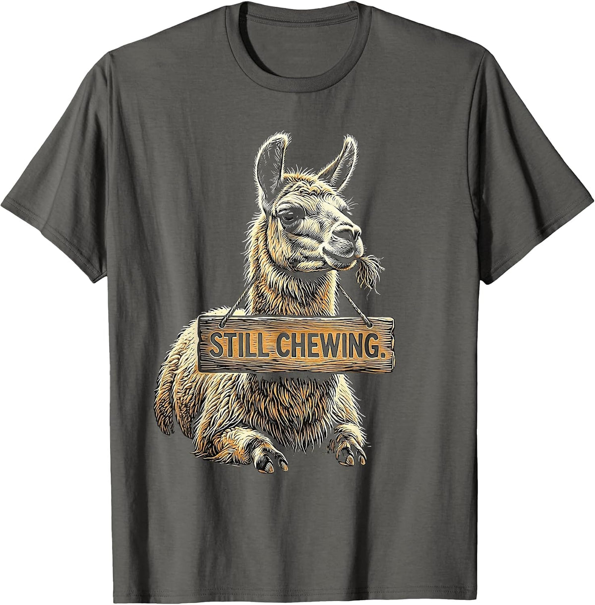 Men's Still Chewing Funny Llama Alpaca Pun Humor T-Shirt - Asphalt Grey