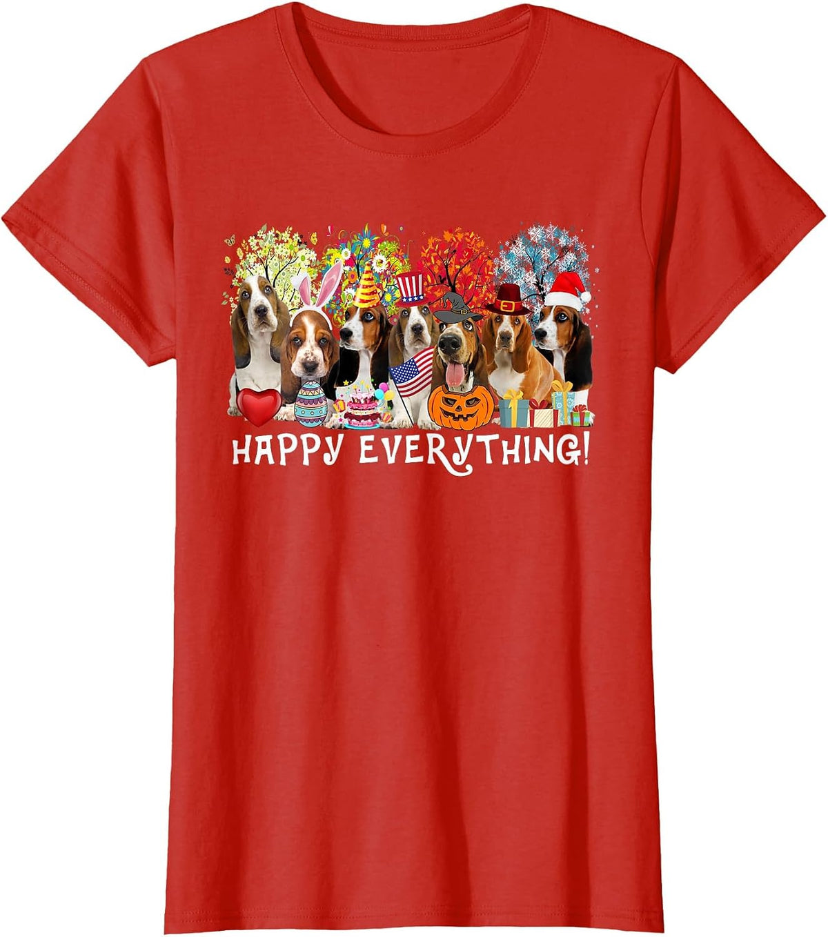 Happy Everything Bassett Hound Dog Seasons All Year Tree Lov T-Shirt - Red