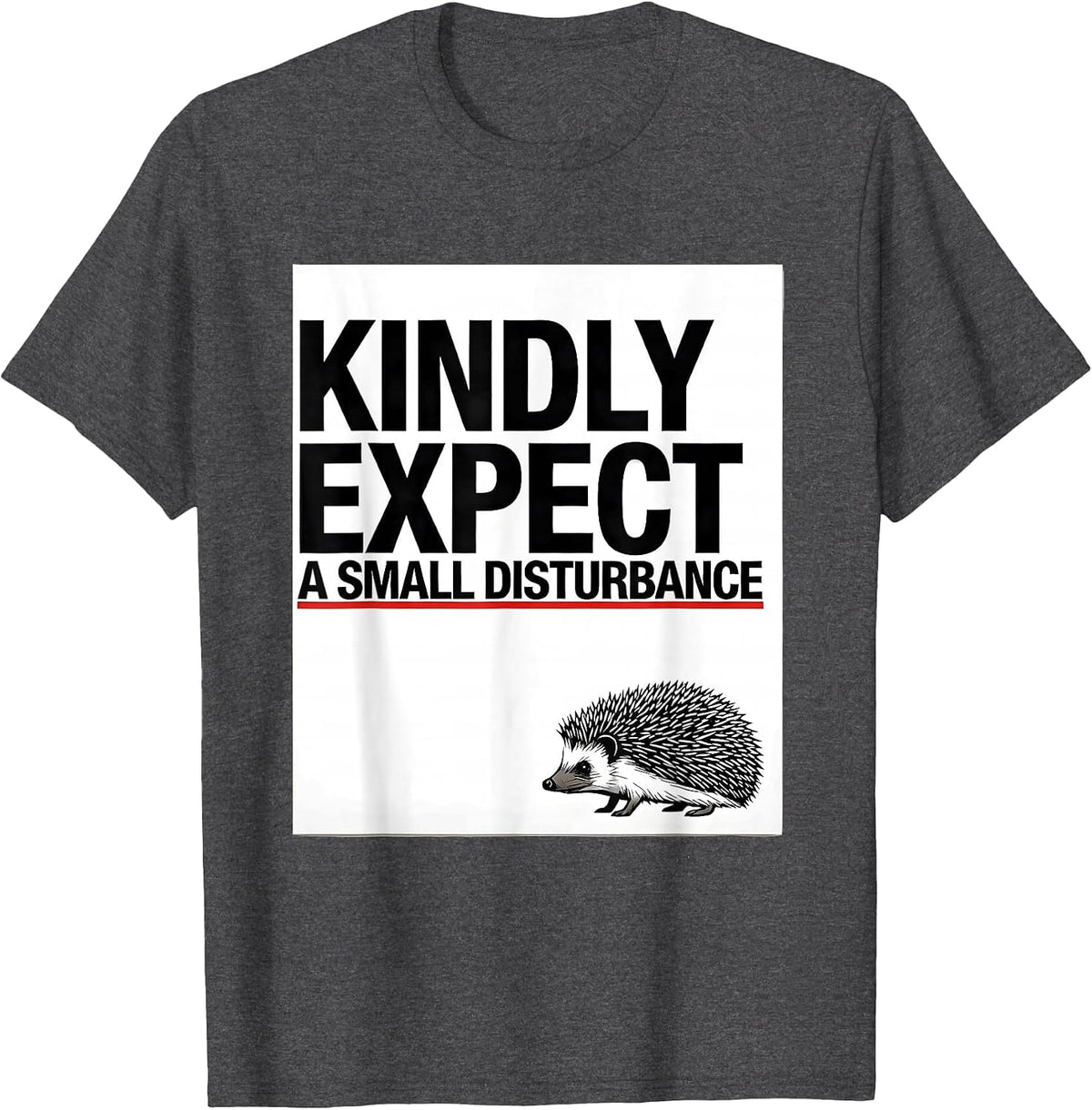 Men's Kindly Expect A Small Disturbance Whimsical Hedgehog Meme T-Shirt - Dark Heather Grey