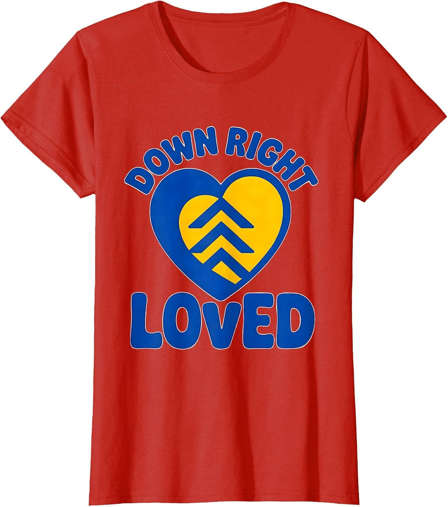 Women's Down Right Loved Heartfelt Down Syndrome Awareness Family T-Shirt - Red
