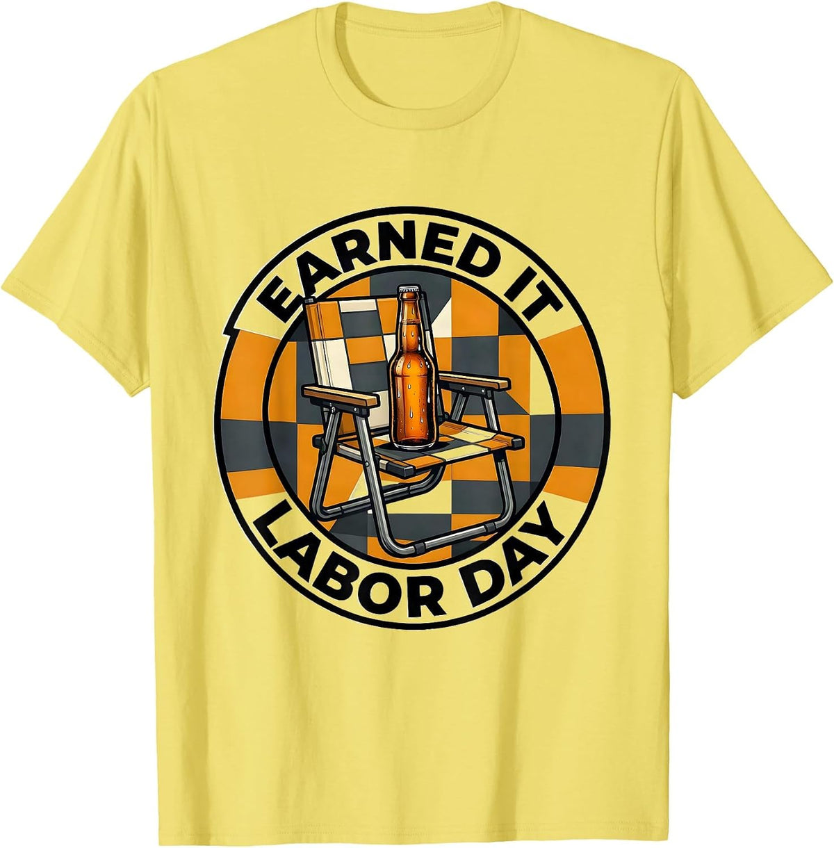 Men's Folded Lawn Chair Beer Humor End-Of-Summer Novelty T-Shirt - Lemon Yellow