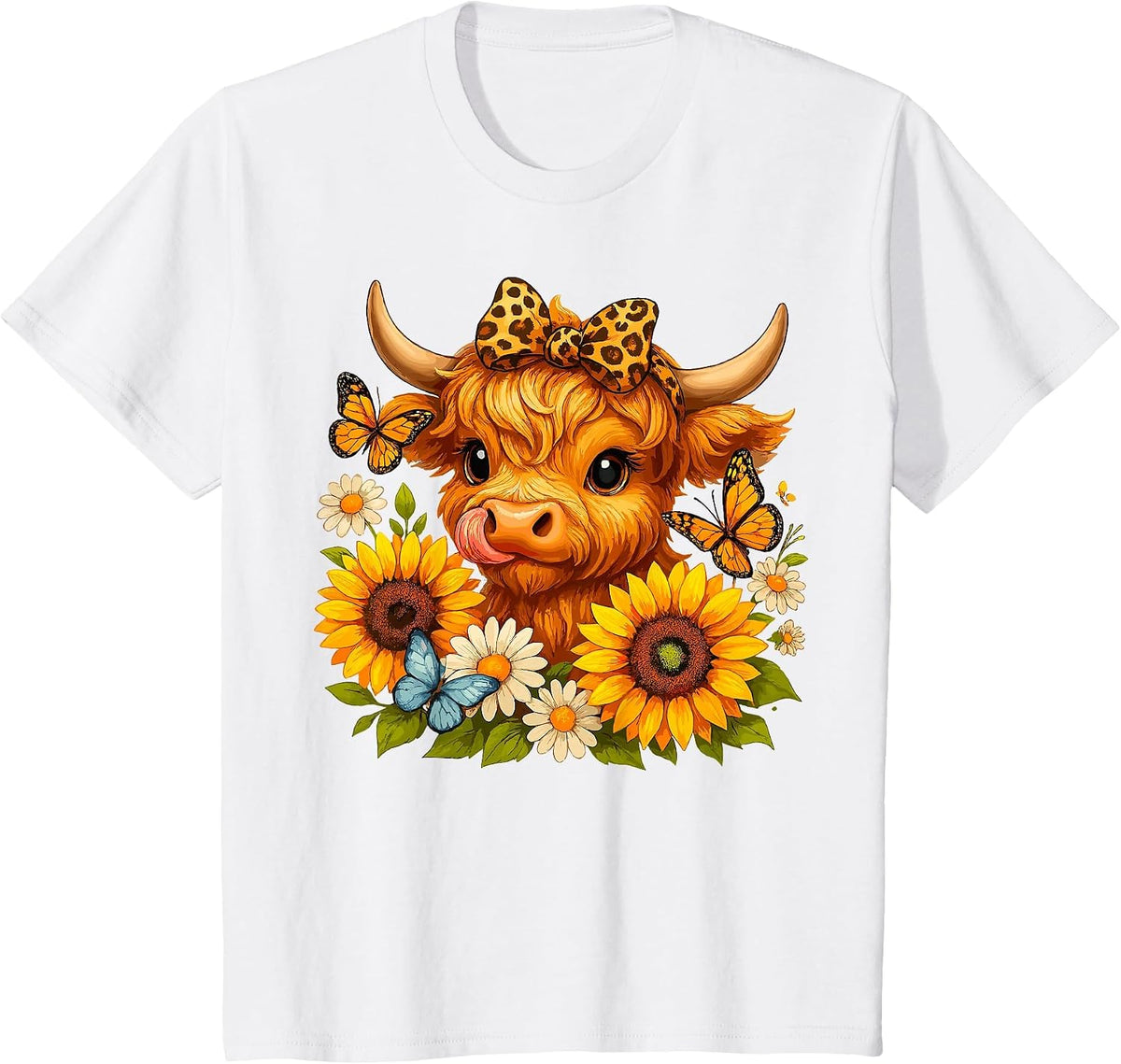 Sunflower Highland Cow Scottish Cattle T-Shirt - White