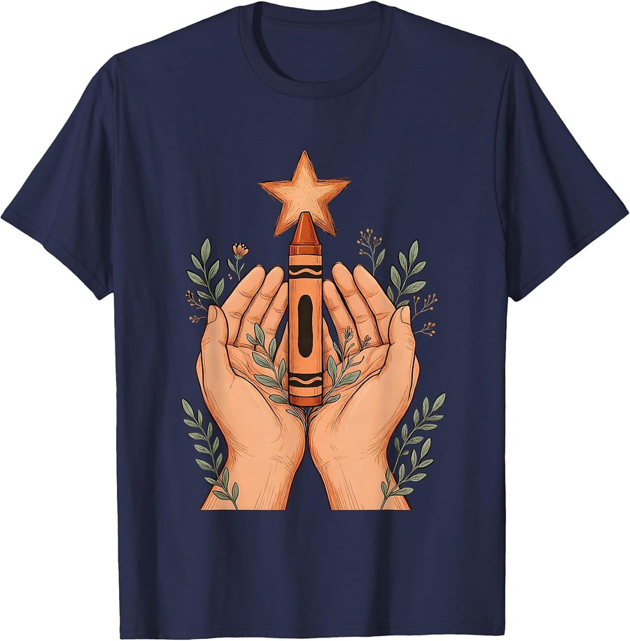 Sped Teacher Crayon Star Illustration Gift T-Shirt - Navy Blue