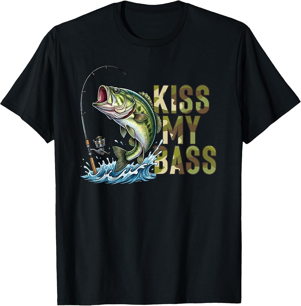Funny Kiss My-Bass Camo Fishing Lover Bass Fisher Women Men T-Shirt - Black