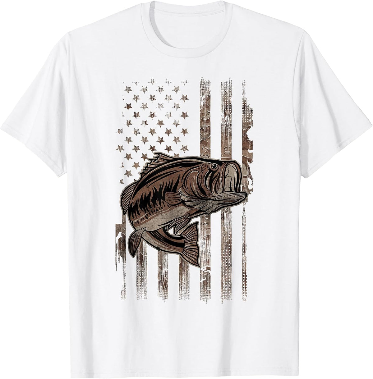 Camo American Flag Fishing Tees for Largemouth Bass Fisher T-Shirts - White