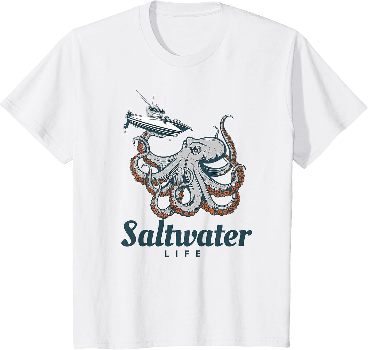 Saltwater Life Saltwater Octopus Holding a Boat T-Shirt - White