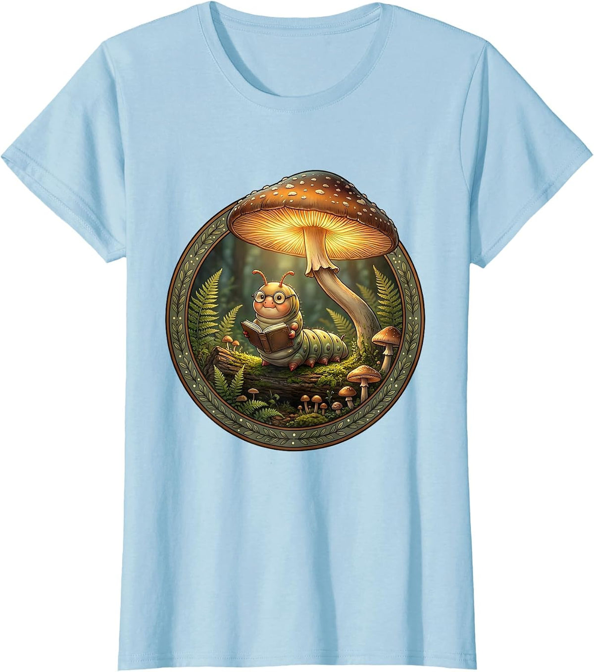 Caterpillar Reading Book Under Mushroom Lamp T-Shirt - Baby Blue