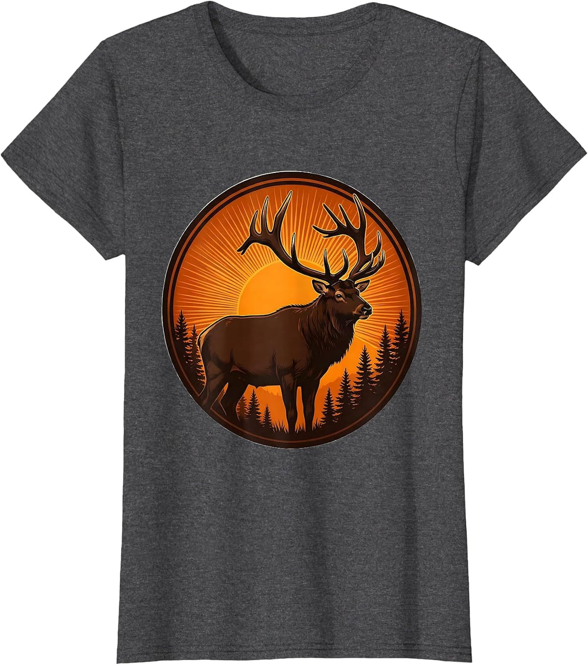 Women's Elk Silhouette Orange Sunset Fall Nature Design T-Shirt - Dark Heather Grey