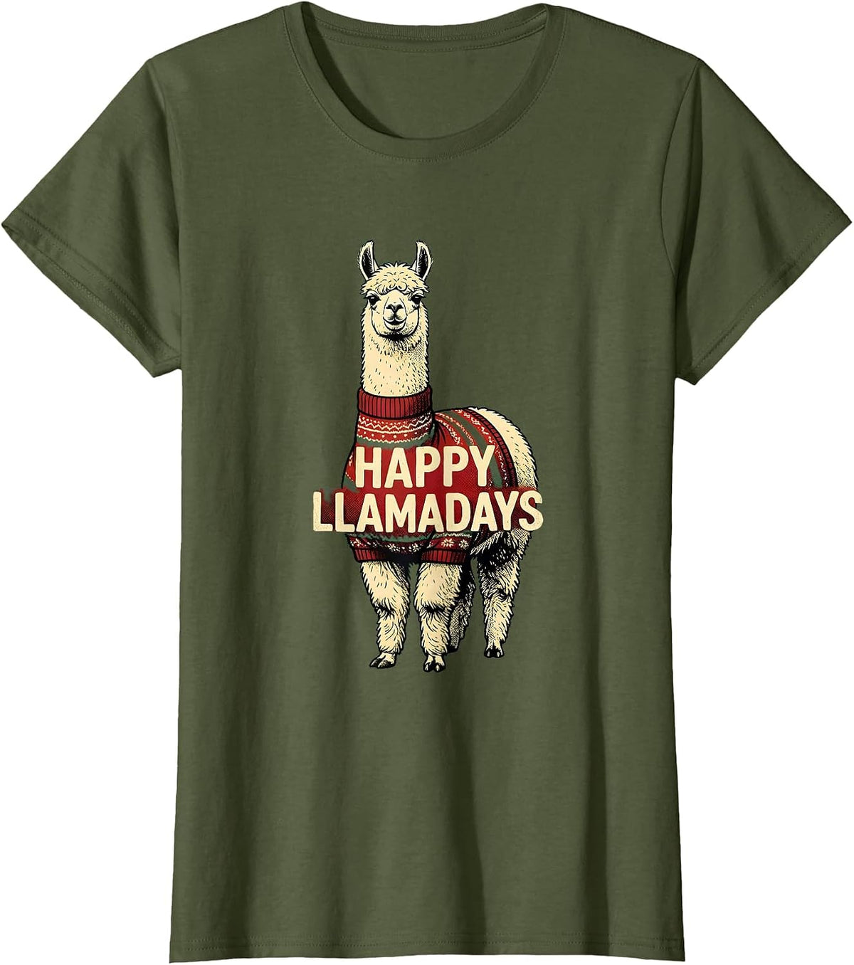 Women's Happy Llamadays Funny Llama Christmas Alpaca Lover Gift T-Shirt - Olive Green