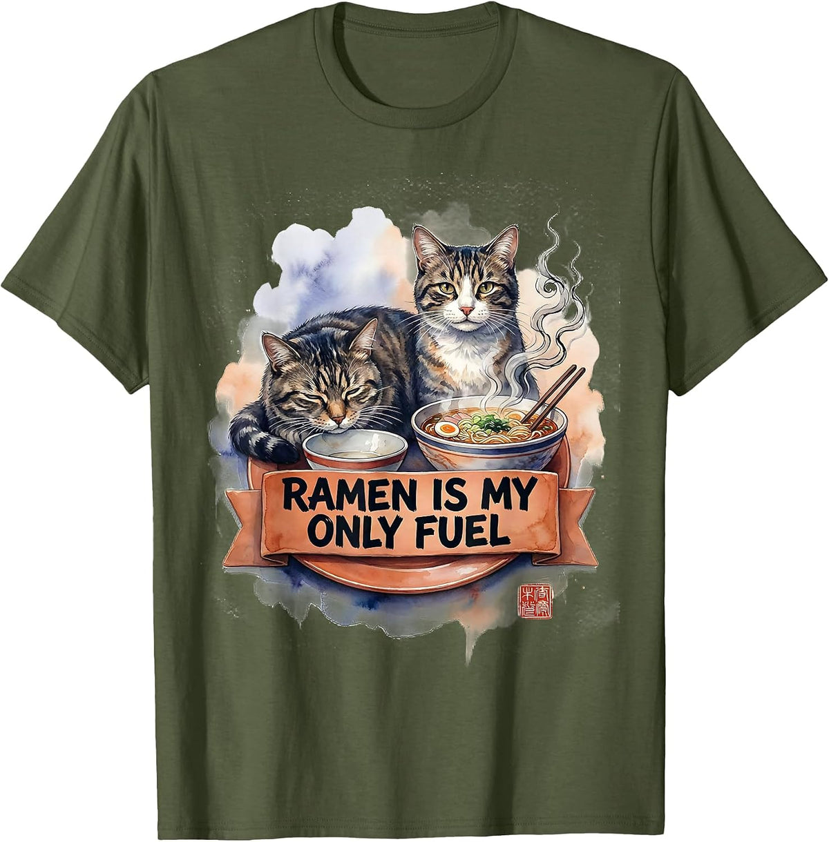 Men's Ramen Is My Only Fuel Funny Cat Anime Japanese Kawaii Gift T-Shirt - Olive Green