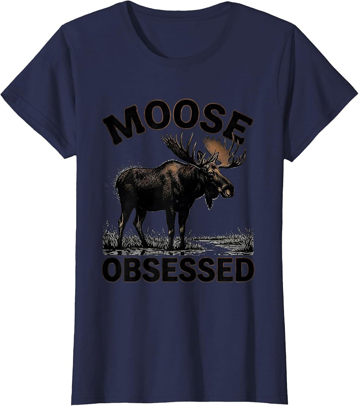 Women's Mooseobsessed Blackwork Dotwork Elk Moose Hunting Wildlife T-Shirt - Navy Blue