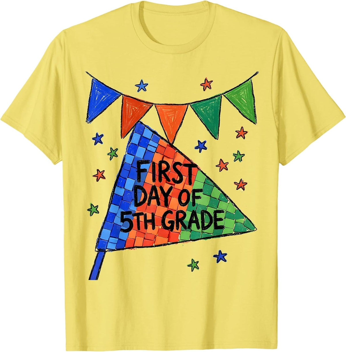 Men's First Day of 5th Grade Naive Kidcore Back to School Pennant T-Shirt - Lemon Yellow