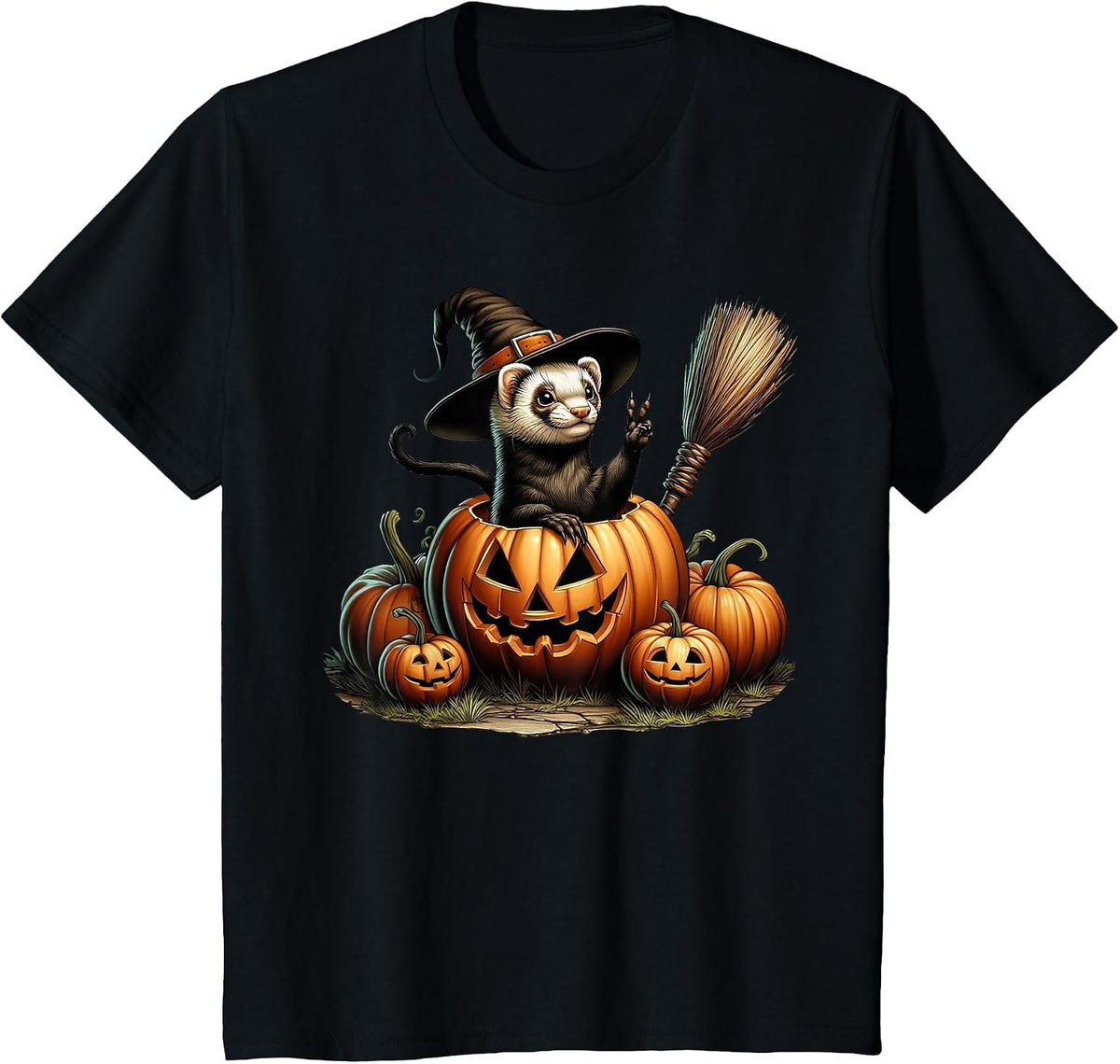 Funny Ferret Witch Pumpkin Halloween Mens Womens Kids T-Shirt - Black