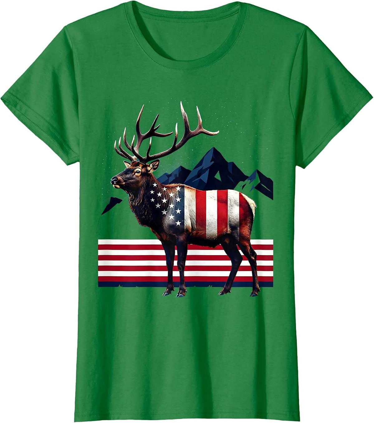 Women's Elk in Misty Mountain Meadow Wildlife Design T-Shirt - Kelly Green