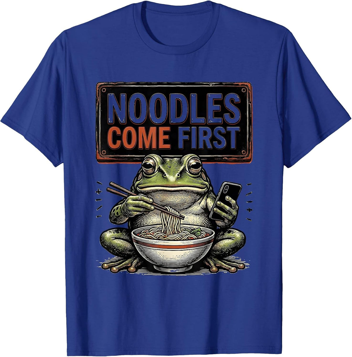 Noodles Come First Funny Grumpy Frog Japanese Art Ramen T-Shirt - Royal Blue