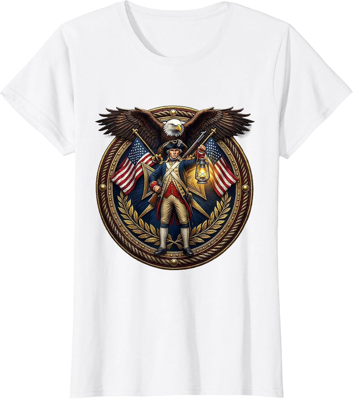 Colonial Minuteman Musket and Lantern Patriotic T-Shirt - White