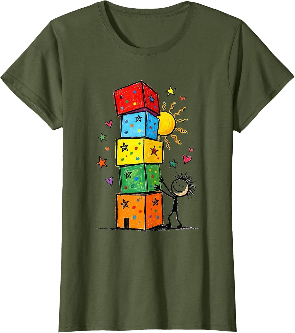 Women's Preschool Teacher Building Blocks Tower Graphic T-Shirt - Olive Green