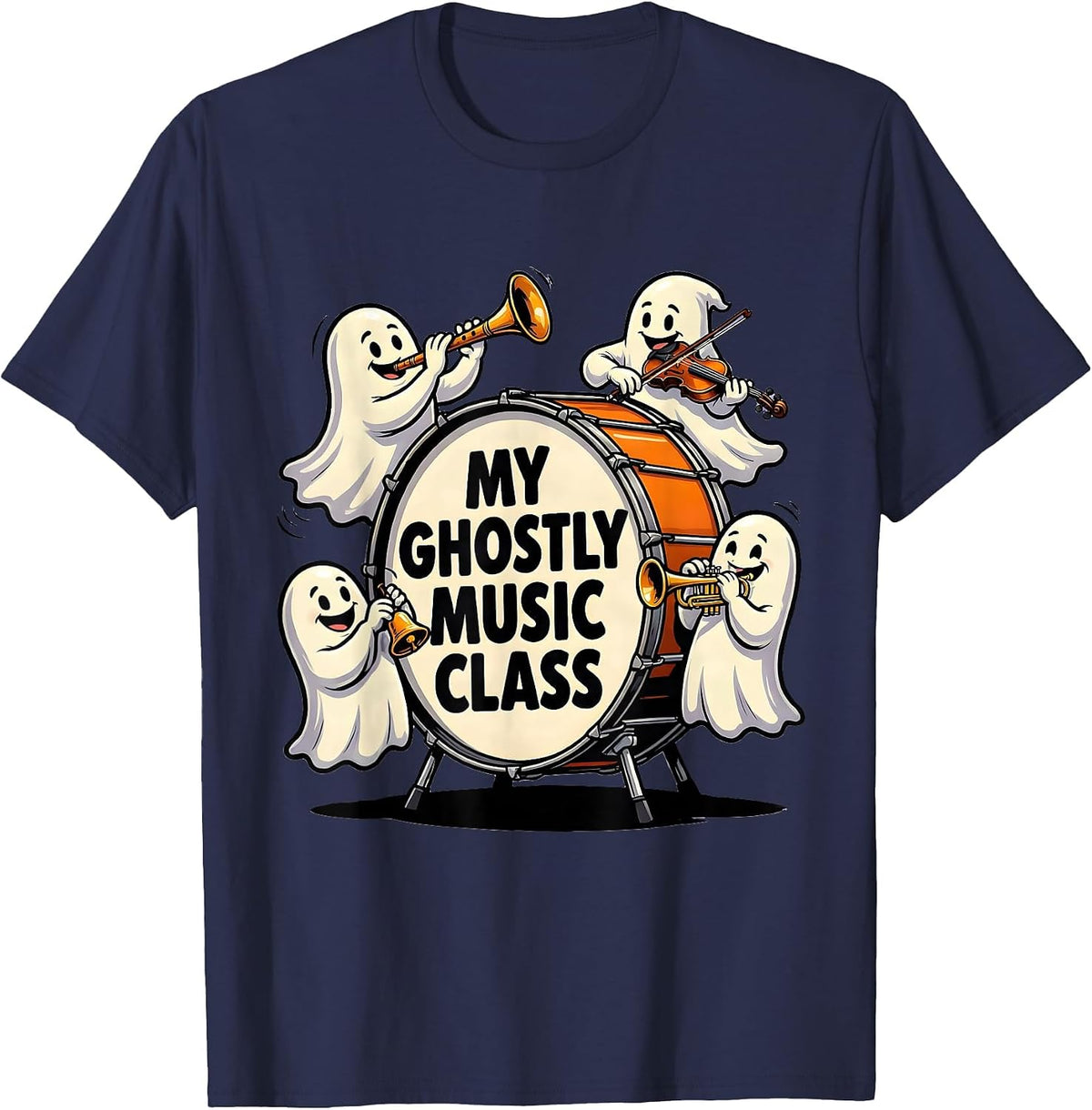 My Ghostly Music Class Cartoon Halloween Music Teacher Ghost T-Shirt - Navy Blue