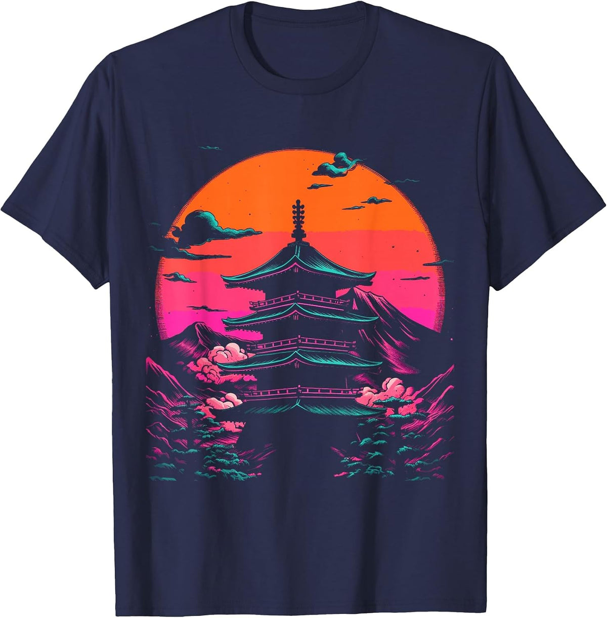 Japanese Pagoda Temple Synthwave Retro T-Shirt - Navy Blue