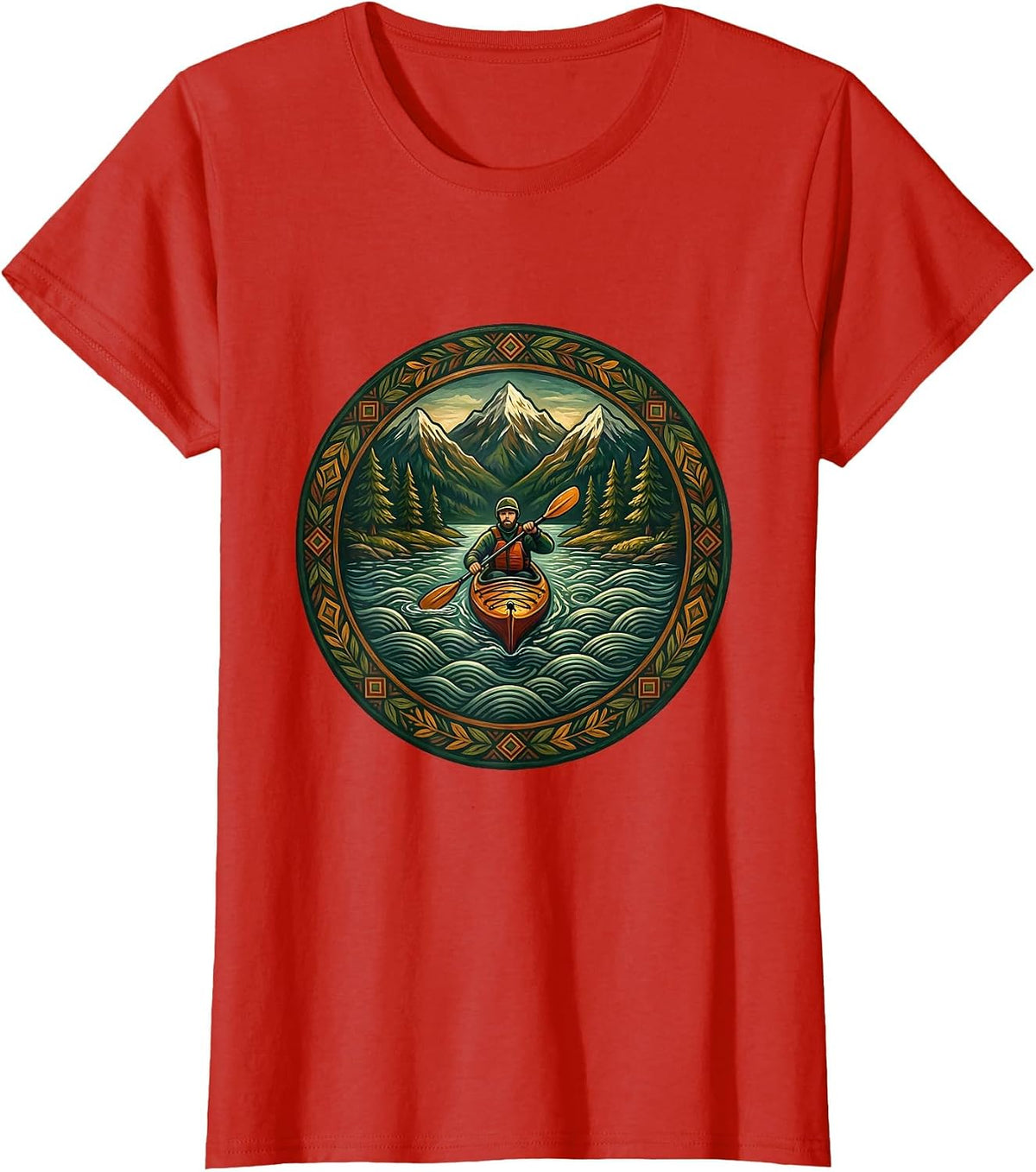 Kayak Fishing Mountain Scenery Graphic T-Shirt - Red