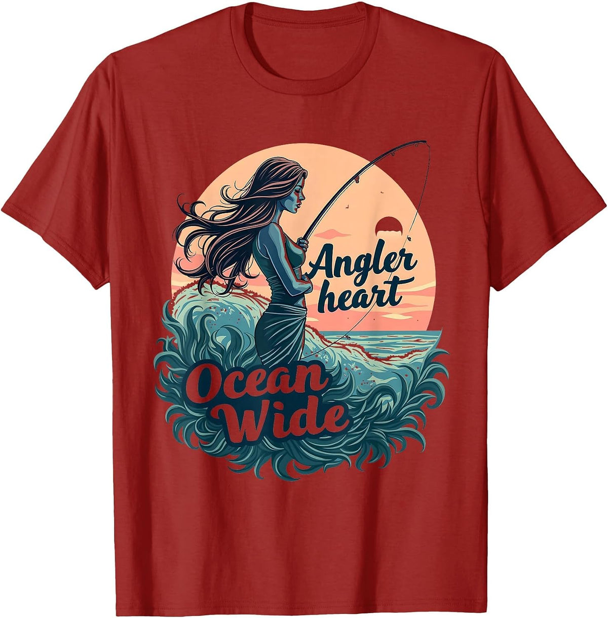Angler Heart Ocean Wide Fishing Design T-Shirt - Cranberry Red