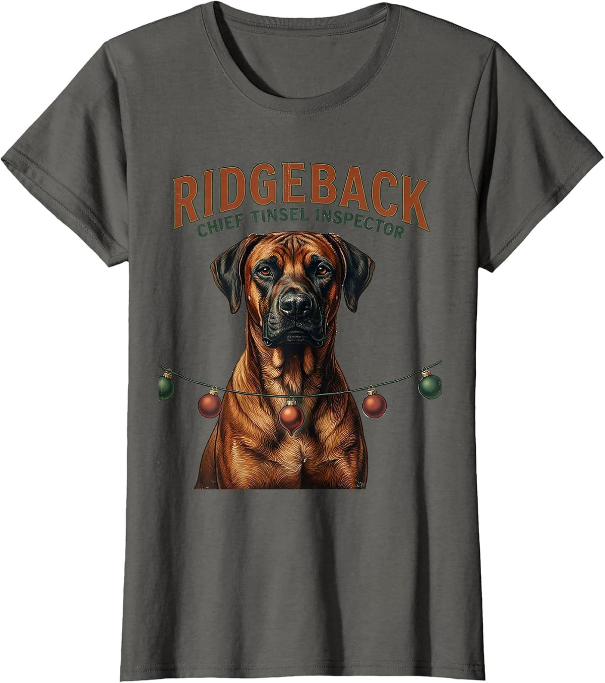 Women's Ridgeback Chief Tinsel Inspector Vintage Dog Breed Christmas T-Shirt - Asphalt Grey