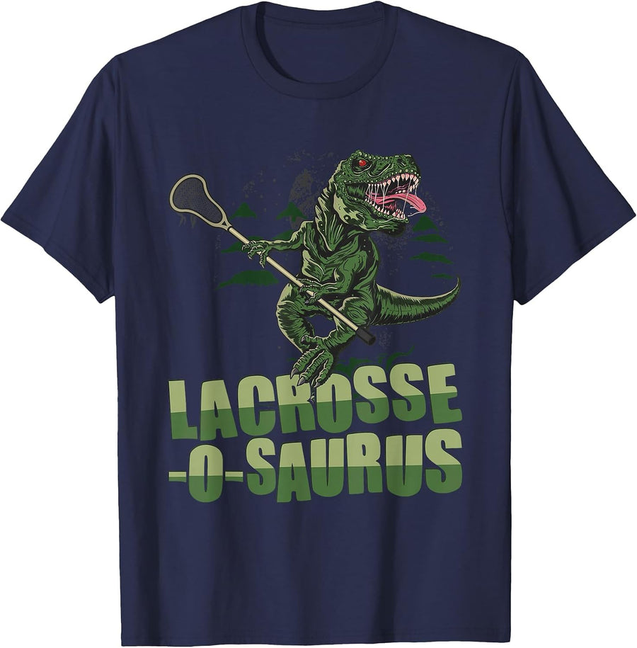 Lacrosse-o-Saurus - Funny Lacrosse Player Lax Lover Dinosaur T-Shirt - Navy Blue