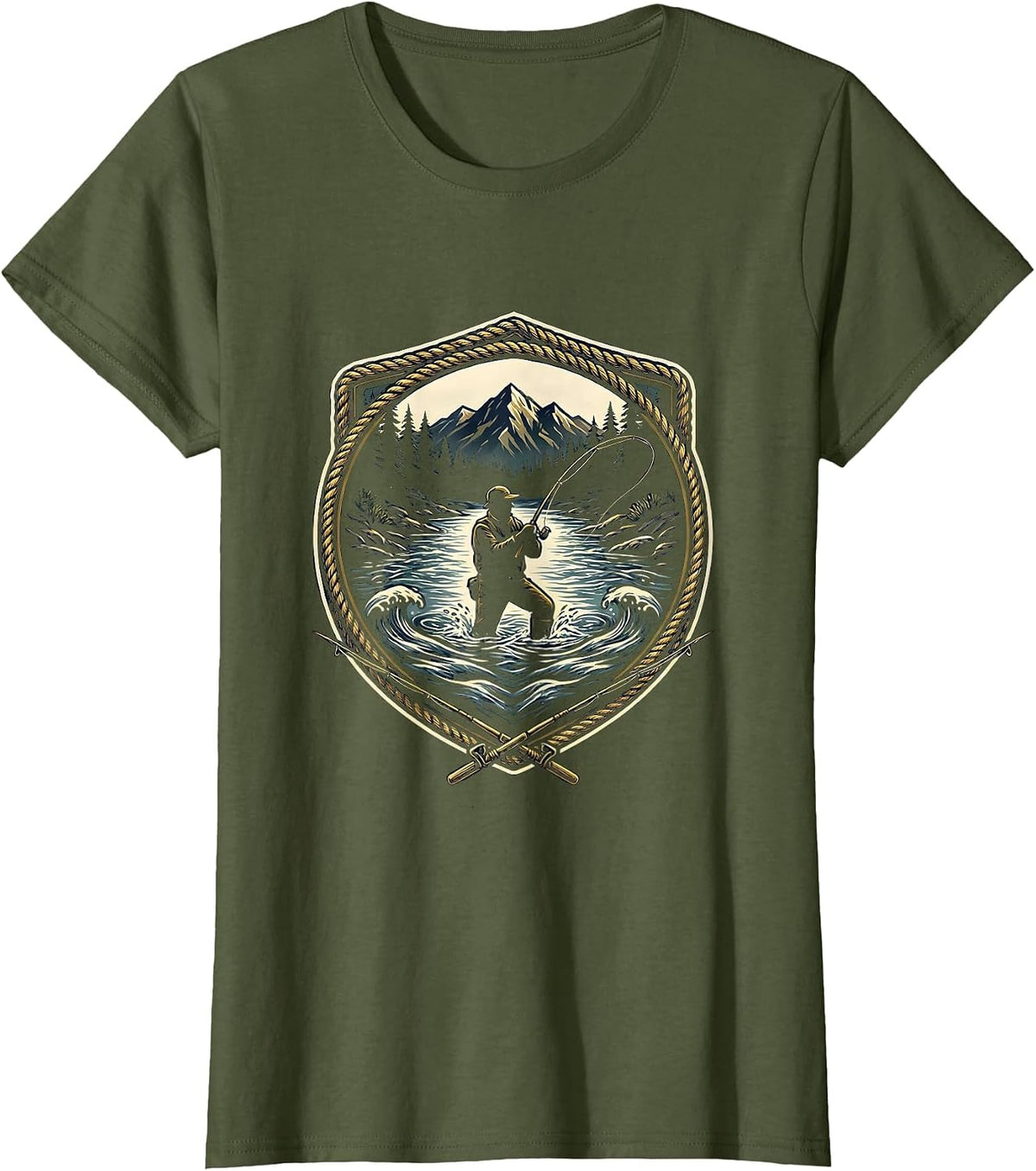 Women's Fly Fishing River Wading Graphic Design T-Shirt - Olive Green