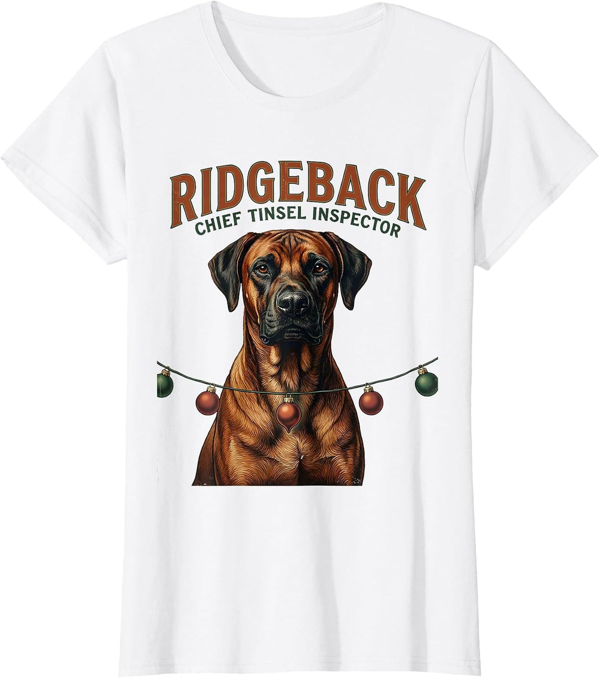 Women's Ridgeback Chief Tinsel Inspector Vintage Dog Breed Christmas T-Shirt - White