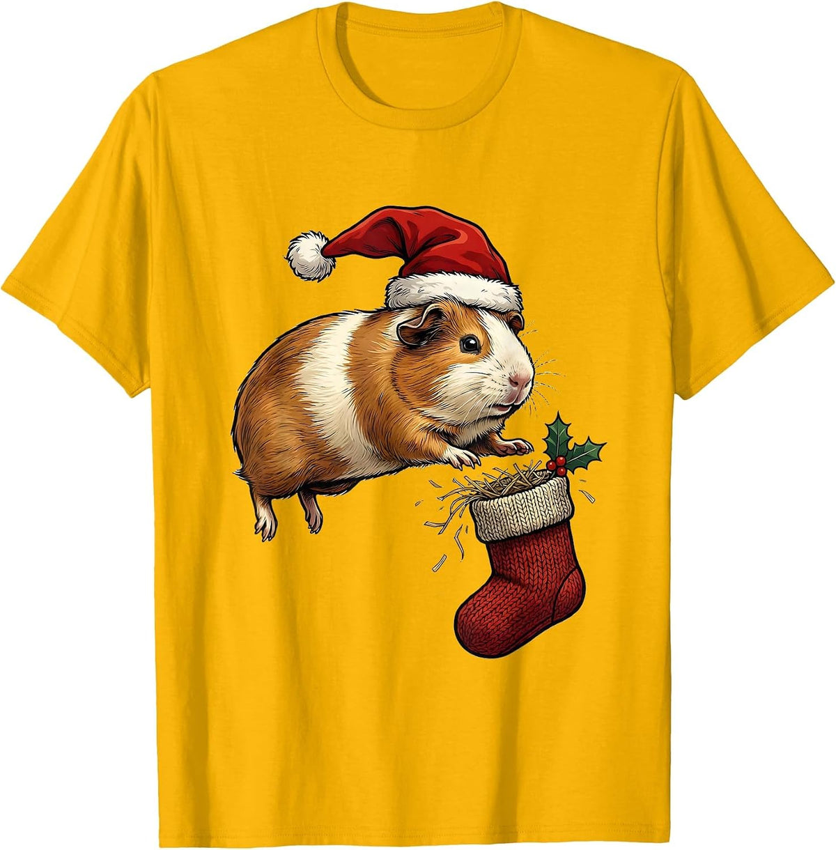Guinea Pig Santa Hat Funny Christmas Pet Lover T-Shirt - Golden Yellow