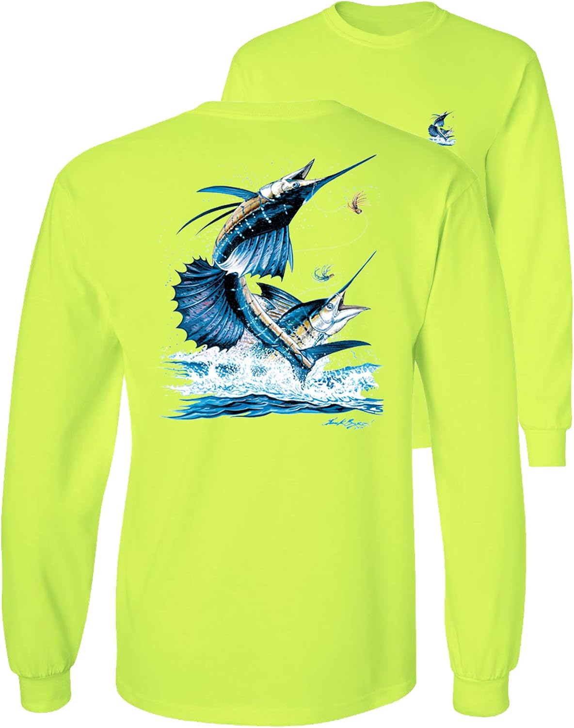 Sailfish DEEP SEA Fishing Salt Water Fish Long Sleeve TEE - Safety Green