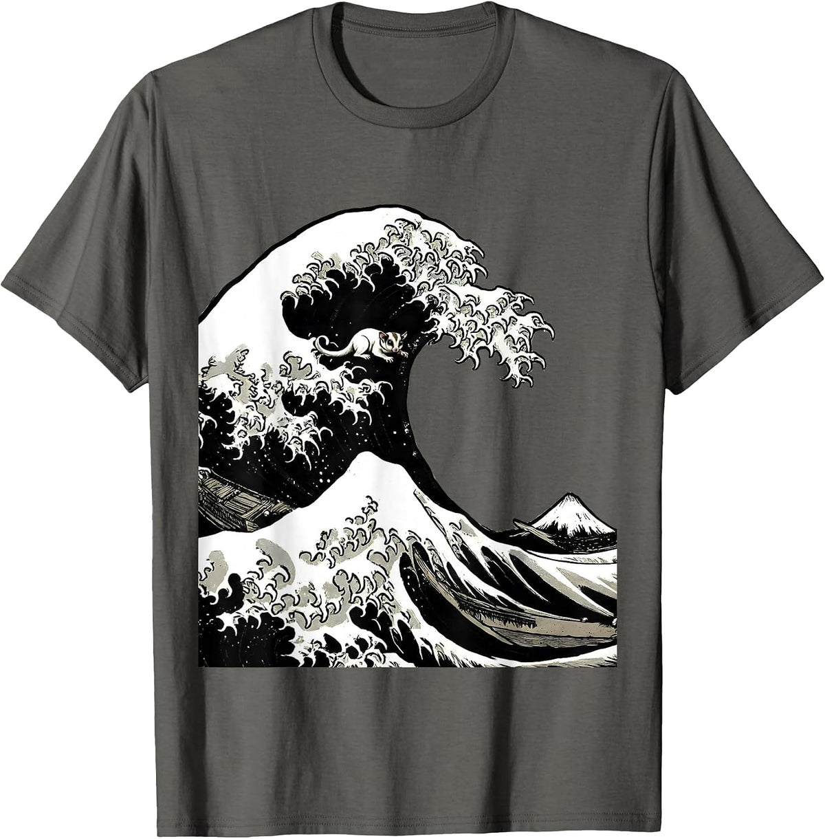 Men's Great Wave Kanagawa Sugar Glider Scratchboard Humor Animal T-Shirt - Asphalt Grey