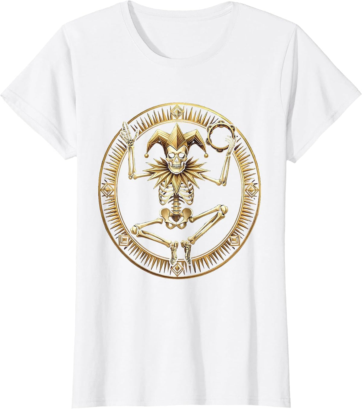 Women's Skeletal Jester Mardi Gras Dancing Tambourine T-Shirt - White