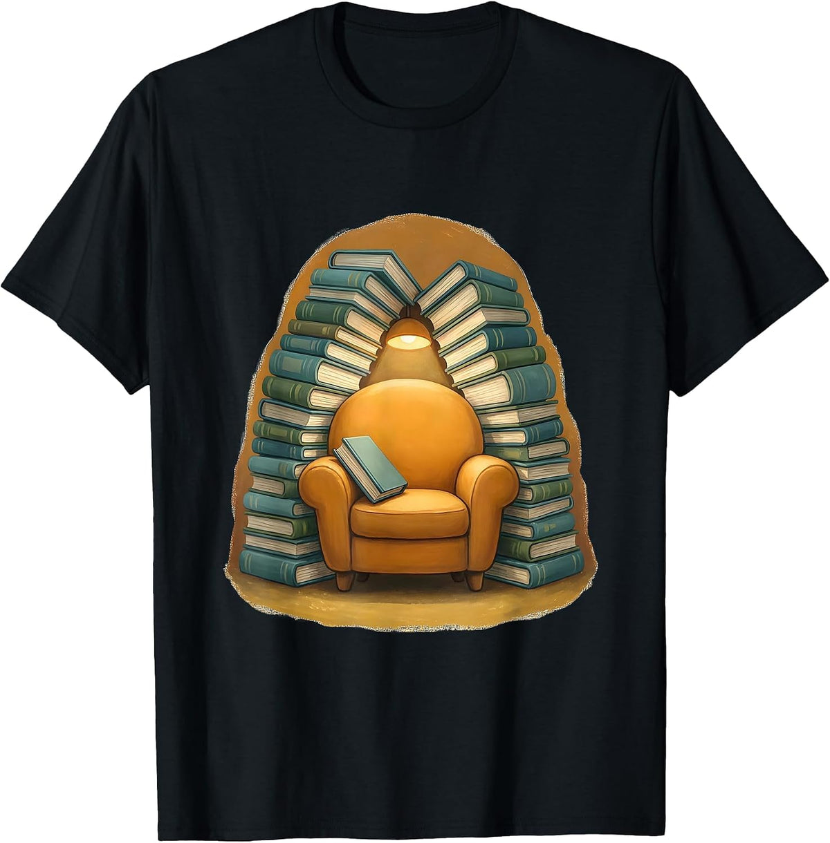 Men's Cozy Armchair Towering Book Piles Reading Art T-Shirt - Black