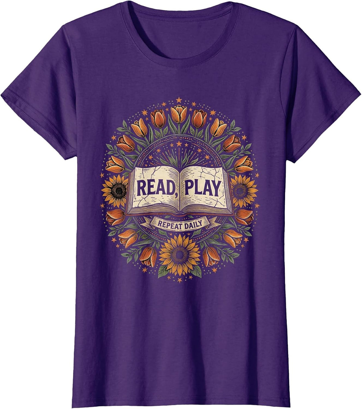 Women's Read Play Repeat Daily Preschool Teacher Design T-Shirt - Purple