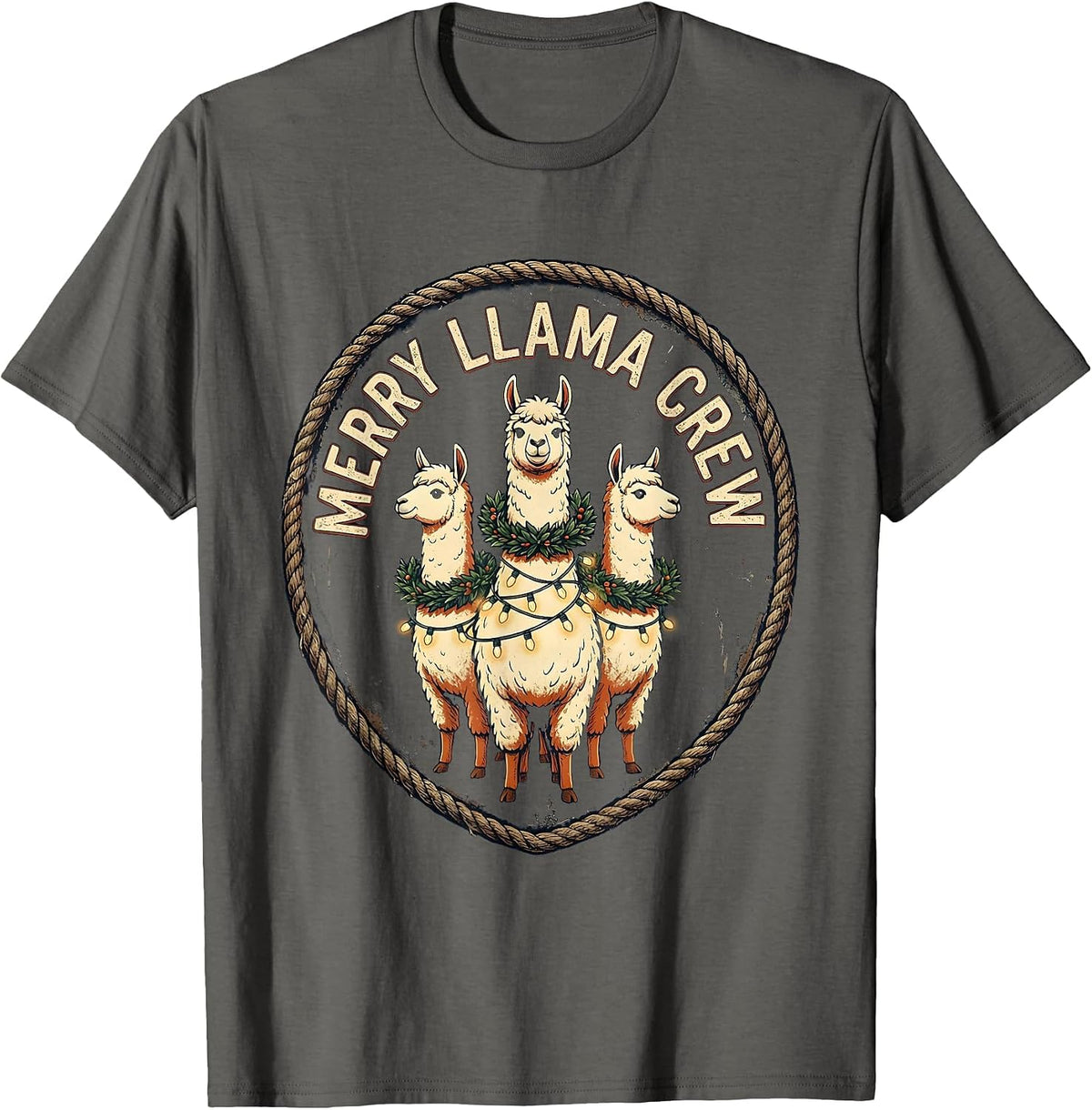 Merry Llama Crew Vintage Funny Llama Lover Christmas T-Shirt - Asphalt Grey