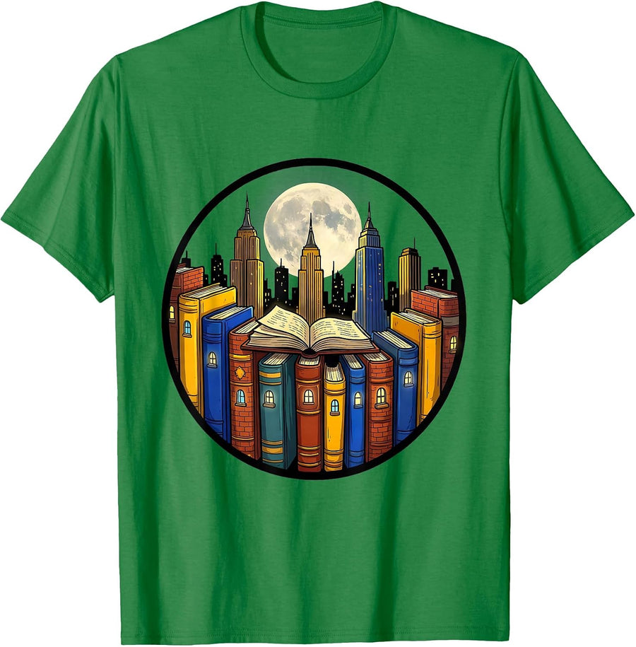 Men's Book Cityscape Skyline Literary Illustration T-Shirt - Kelly Green
