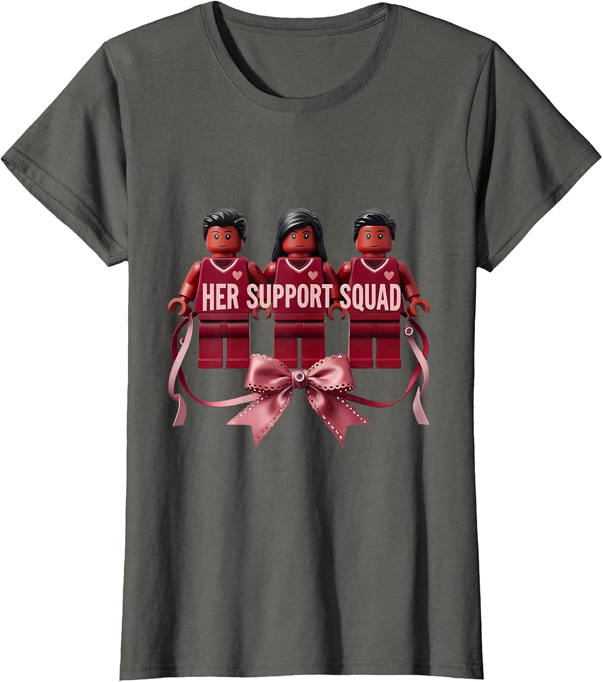 Women's Her Support Squad Coquette Ribbon Down Syndrome Awareness T-Shirt - Asphalt Grey