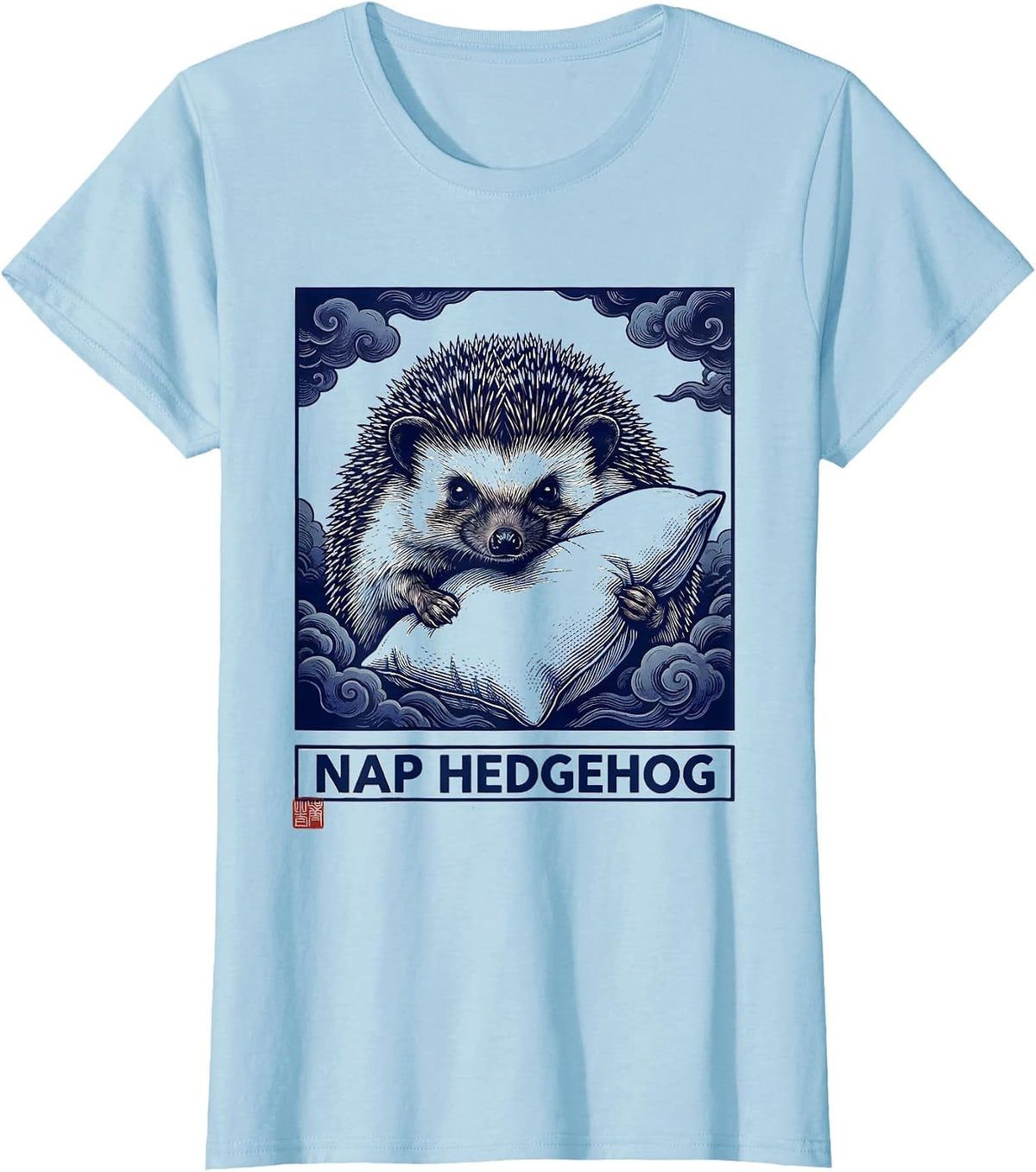 Women's Nap Hedgehog Ukiyo-e Japanese Pop Culture Animal Mashup T-Shirt - Baby Blue