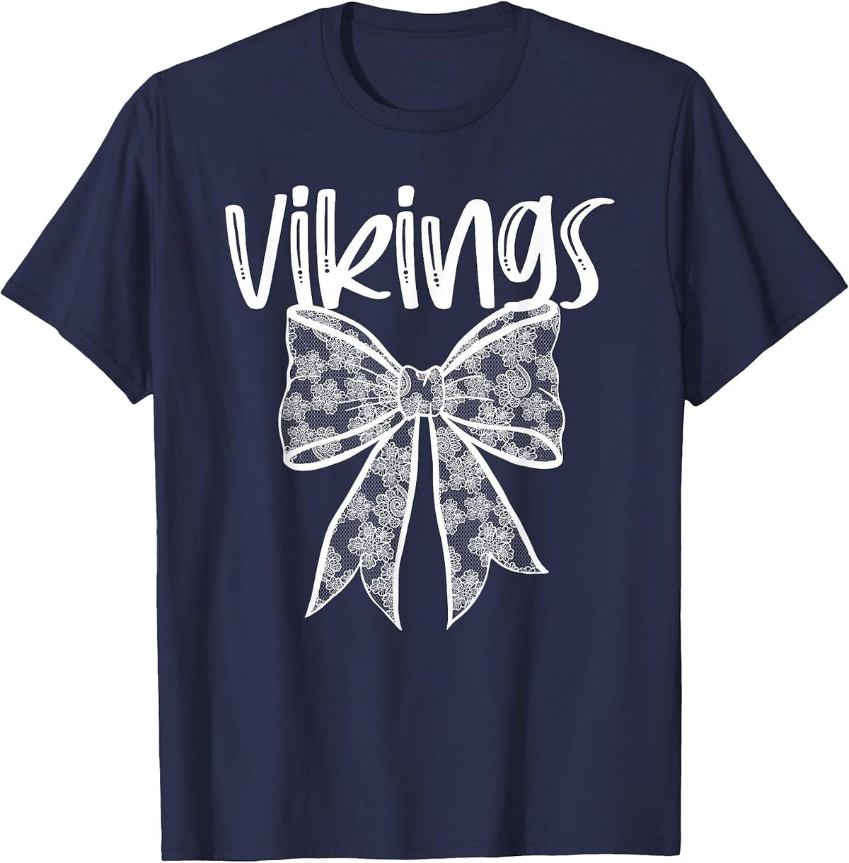 Vikings Coquette Aesthetic Girly Team Mascot Lace Bow Preppy T-Shirt - Navy Blue