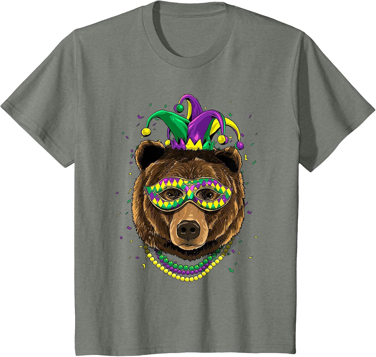 Bear Animal Lover Cute Mardi Gras Carnival Jester T-Shirt, Youth, Olive Heather, Small - As Pictured