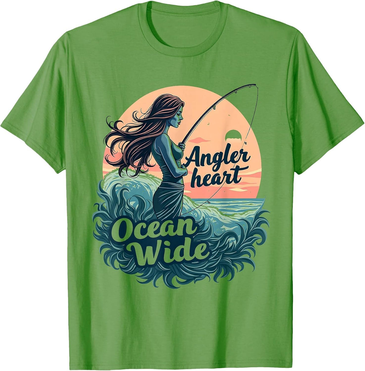 Angler Heart Ocean Wide Fishing Design T-Shirt - Grass Green